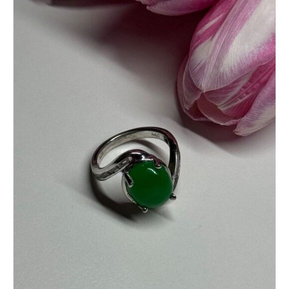 D'Joy 925 STERLING SILVER GREEN NEPHRITE & WHITE BERYL RING SIZE 6.5 - Picture 7 of 9